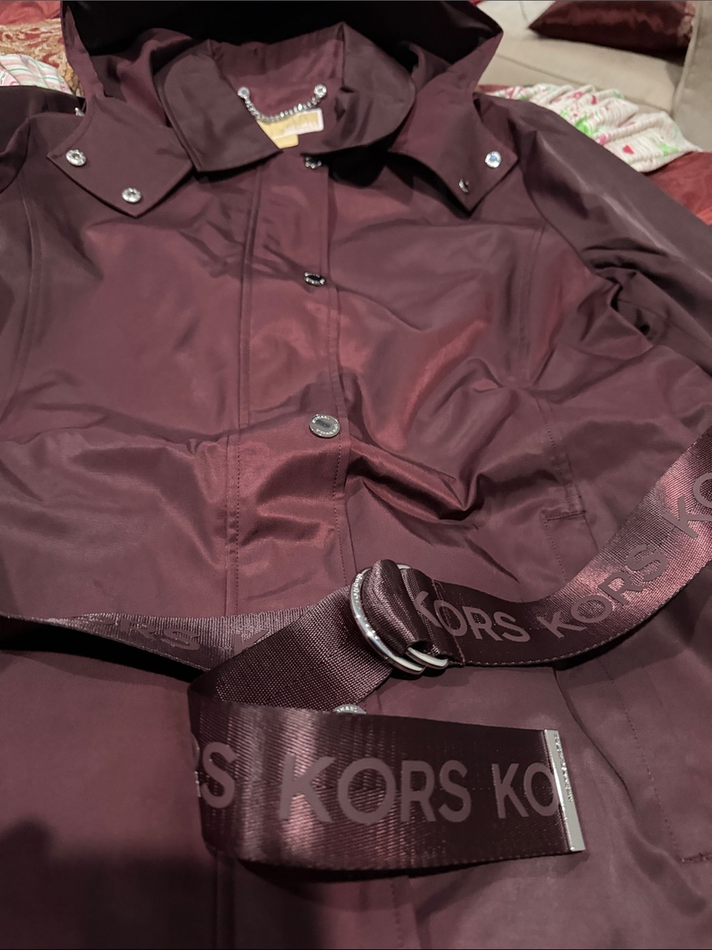 Michael Kors Burgundy Hooded Rain Jacket with Logo Belt
